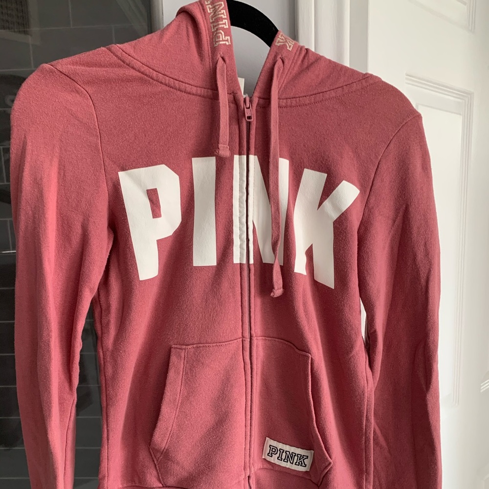 mauve colored zip up hoodie from PINK!